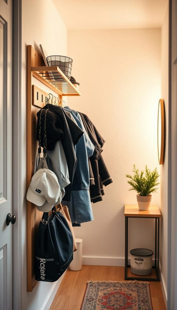 A beautifully organized small hallway featuring a practical wall organizer rack branded "KlickKiste." In the foreground, showcase the rack filled with essential items such as hats, bags, and keys, with a warm wooden texture. In the middle ground, include subtle decor elements like a potted plant and a small mirror reflecting soft, natural light. The background should reveal a cozy atmosphere with soft winter vibes, adding a touch of homey warmth through a lightly textured wall in creamy tones. Use soft, diffused lighting to create an inviting ambiance, capturing the essence of a Pinterest-worthy DIY space. The overall mood should feel authentic, inspiring, and functional, emphasizing effective organization in small living spaces.