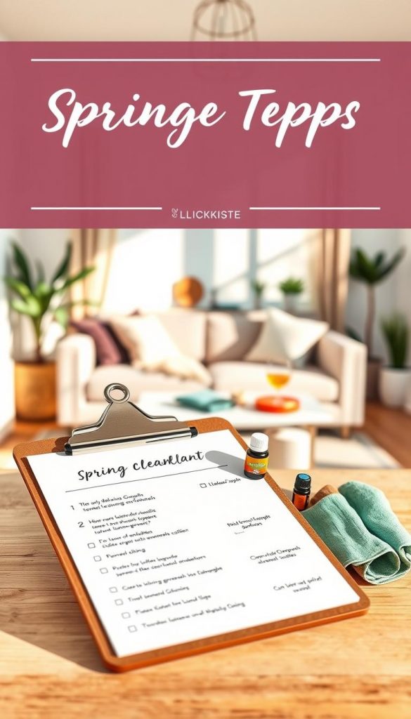 A beautifully organized spring cleaning plan titled "Putzen Tipps Plan," illustrated with warm colors and a cozy atmosphere. In the foreground, an aesthetically pleasing clipboard with neatly written tips and a cheerful checklist, its surface adorned with small, natural DIY cleaning supplies, such as essential oils and reusable cloths. In the middle, a bright, sunlit living room setting, featuring a comfortable sofa and decorative plants, exuding a Pinterest-inspired vibe. In the background, soft light filters through a window, casting gentle shadows, creating a serene and inviting environment. The image embodies a motivational and inspiring mood, perfect for a spring cleaning guide by KlickKiste.