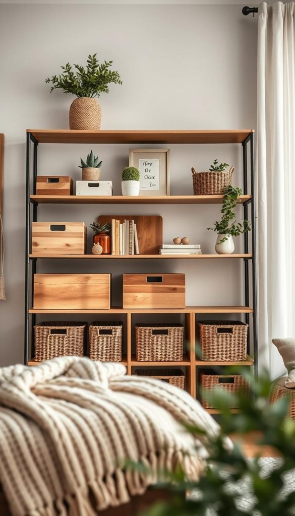 A beautifully organized storage space that looks like decor, featuring a stylish open shelving unit filled with natural wood boxes, woven baskets, and decorative plants. In the foreground, a cozy knitted throw and a few decorative books rest atop the shelf, adding warmth. In the middle, the shelving unit serves as a focal point against a softly painted wall. The background reveals a calming atmosphere with gentle, diffused light filtering through sheer curtains, creating a welcoming winter vibe. Natural colors dominate the scene, accented by soft greens and earthy tones. Showcase this aesthetic in a Pinterest-inspired style, emphasizing the brand "KlickKiste" through unique storage solutions that enhance home decor while maintaining a renter-friendly vibe.