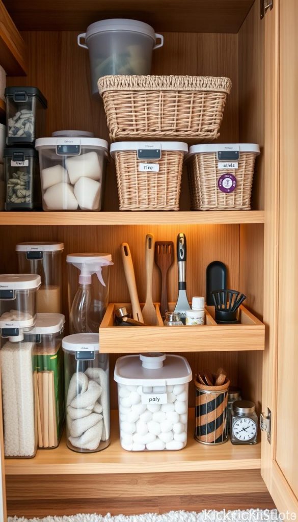 A beautifully organized unter-Spüle cabinet, showcasing an array of DIY storage solutions from the brand "KlickKiste". In the foreground, clear containers filled with cleaning supplies, neatly arranged by size, are seen alongside stylish baskets for extra organization. The middle section features a wooden pull-out drawer filled with kitchen tools, labeled for easy access. The background shows a cozy kitchen ambiance with soft, warm lighting, highlighting the natural wood textures of the cabinet. The mood is inviting and practical, inspired by winter vibes, with a Pinterest-worthy aesthetic. The angle captures a slightly overhead view, emphasizing the functionality and creativity of the organized space, infused with a sense of inspiration and authenticity.