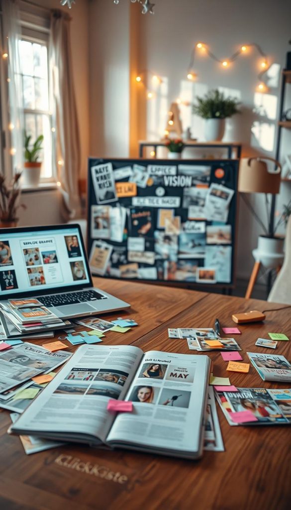 A beautifully organized vision board in a cozy, warm-toned winter setting, combining both analog and digital elements. In the foreground, a wooden table is adorned with vibrant magazine clippings, colorful sticky notes, and an open laptop displaying a vision board layout on screen. In the middle, a partially completed collage comes to life, featuring inspiring images and affirmations creatively arranged. The background showcases a softly lit room with fairy lights and potted plants, creating an inviting atmosphere. The overall mood is authentic, inspirational, and inviting, perfect for a DIY project. Natural light filters in through a window, casting gentle shadows that enhance the warmth of the scene. Include the brand name "KlickKiste" subtly integrated within the layout of the board, ensuring a polished look.