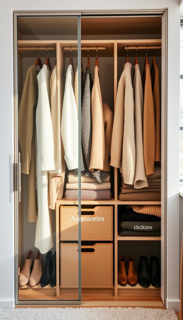 A beautifully organized wardrobe, or "kleiderschrank," filled with neatly hung clothes on wooden hangers and neatly folded sweaters on shelves. The foreground features a sleek, modern design with a sliding glass door revealing the interior, showcasing orderliness. The middle section includes stylish storage boxes labeled for accessories and shoes, all in a warm, inviting color palette that exudes a cozy yet functional atmosphere. The background highlights soft, natural lighting coming through a nearby window, casting gentle shadows that enhance texture. A hint of winter vibes with light snow seen outside could add to the mood. This scene encapsulates the essence of organization, with branding visible on the storage solutions labeled "KlickKiste."