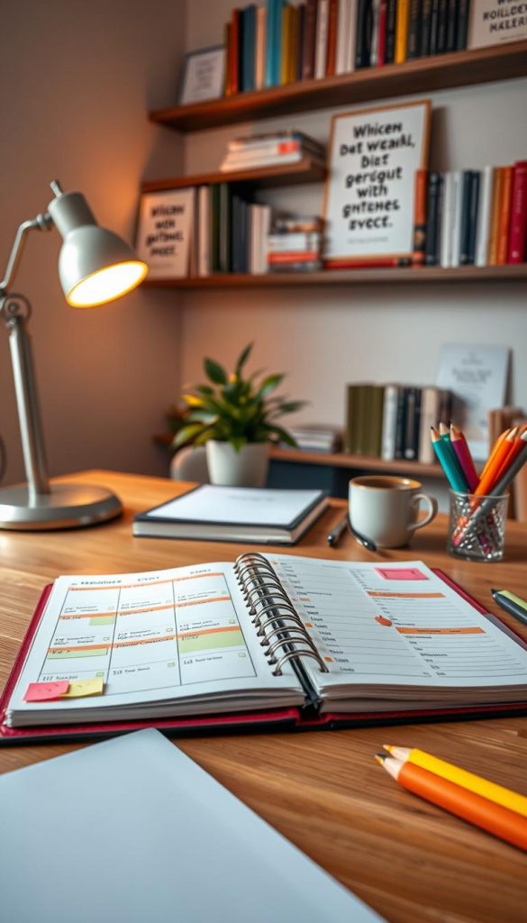 A beautifully organized workspace showcasing a &quot;Wochen- und Tagesplanung&quot; theme, captured in warm, inviting colors. In the foreground, a wooden desk is adorned with a stylish planner open, displaying time-blocked schedules and to-do lists, complemented by vibrant sticky notes and colorful pens. The middle ground features a cozy lamp emitting soft light, and a potted plant adding a touch of nature. In the background, a minimalist wall with shelves holds an inspiring array of books and inspirational quotes. The atmosphere feels calm and motivating, ideal for self-improvement. The scene reflects a Pinterest aesthetic, focusing on a DIY, winter vibe, perfect for the brand &quot;KlickKiste.&quot; The image is photographed at a slight angle, enhancing depth, making it visually engaging.