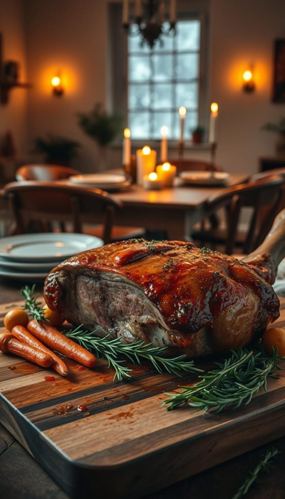 A beautifully roasted piece of meat, glistening with rich, golden-brown skin, rests on a rustic wooden cutting board in the foreground. Surrounding the roast are fresh herbs like rosemary and thyme, alongside vibrant seasonal vegetables such as carrots and parsnips, lightly caramelized and bursting with warmth. In the middle ground, a cozy dining table is set with vintage plates and warm, flickering candles casting a soft glow, enhancing the inviting atmosphere. The background features a softly lit kitchen with a wintery window showcasing a gentle snowfall outside, adding to the comfort food vibe. The image has a warm color palette and a shallow depth of field to create an intimate, inviting feel—perfect for winter. Capture this scene with soft, diffused natural lighting that conveys warmth and homeliness. Designed for KlickKiste.