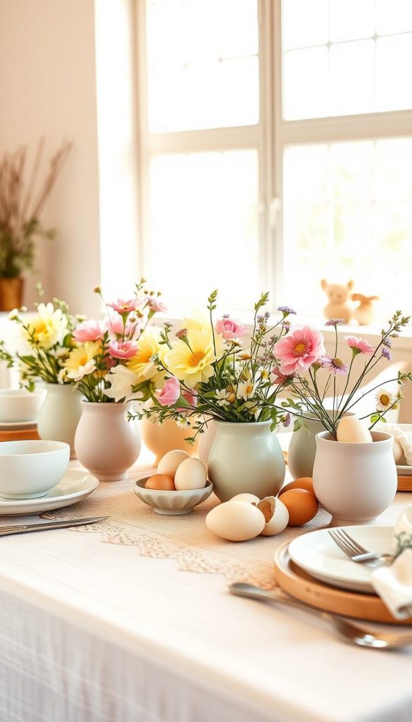 A beautifully set Easter breakfast table, showcasing a "pastell tisch" decorated with soft pastel colors like pale pinks, mint greens, and buttery yellows. In the foreground, an array of elegant, mismatched ceramics filled with fresh flowers and organic eggs is artfully arranged. The middle layer features a light, textured tablecloth made of natural fibers, with delicate lace accents adding a touch of sophistication. In the background, a softly lit room with large windows allows gentle sunlight to filter through, casting warm golden hues across the scene. The mood is warm and inviting, capturing the essence of a cozy, DIY atmosphere perfect for Easter celebrations. This image is styled authentically to reflect the aesthetics of "KlickKiste", emphasizing natural materials and an inspiring Pinterest-worthy look.