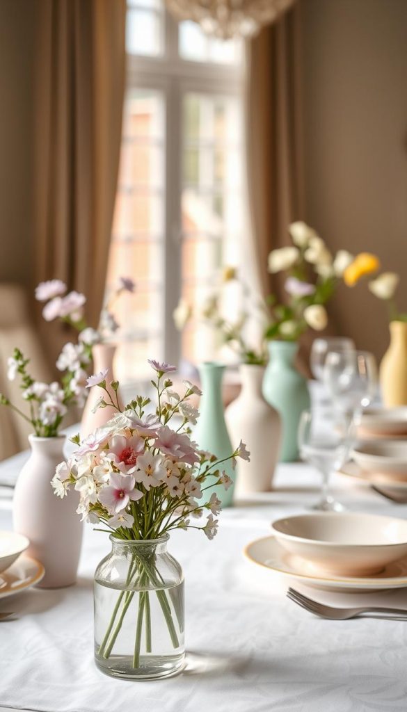 A beautifully set dining table adorned with an array of pastel vases in soft shades of lavender, blush pink, mint green, and pale yellow. In the foreground, a cluster of delicate flowers peeks from the vases, capturing the essence of spring. The middle ground features an elegantly laid table with white linen, simple ceramic dishes, and shimmering glassware, reflecting a warm, inviting atmosphere. In the background, soft, diffused natural light streams through a window, creating a bright and airy feel. The overall mood is fresh and light, reminiscent of a Pinterest-inspired brunch setting. Capture this scene with a shallow depth of field for a dreamy effect. Ideal for showcasing the brand "KlickKiste."