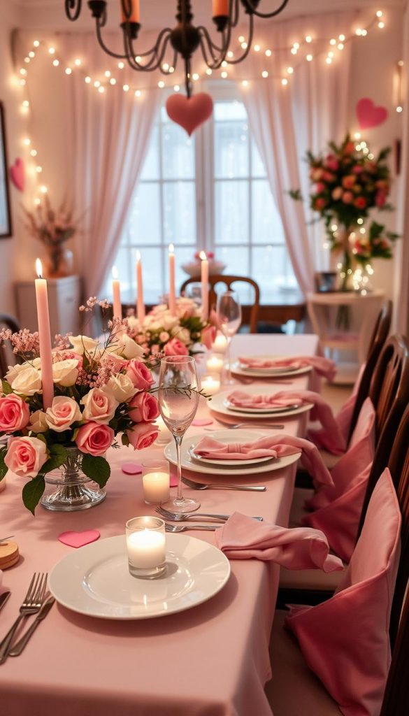 A beautifully set dining table adorned with romantic Valentine&rsquo;s decor, featuring soft pink hues, delicate heart-shaped accents, and elegant layering of tablecloths. In the foreground, an inviting centerpiece with fresh flowers in varying shades of pink and white, surrounded by softly glowing candlelight. The middle ground showcases an assortment of stylish tableware, including plates, cutlery, and glassware that reflect a warm, inviting ambiance. In the background, a cozy dining area with soft, ambient lighting and perhaps a few dreamy string lights hanging overhead, creating a magical winter vibe. The scene captures a Pinterest-worthy aesthetic, perfect for a romantic gathering. This is a DIY look inspired by the brand "KlickKiste," emphasizing natural elements and warm colors.