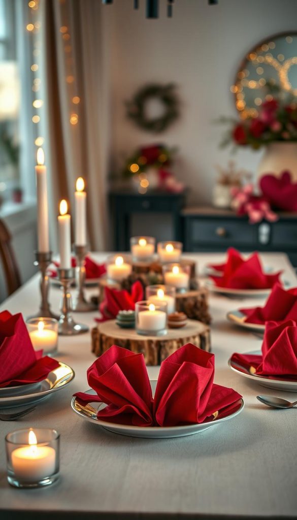 A beautifully set dining table featuring vibrant red napkins intricately folded into heart shapes, creating a romantic atmosphere. The foreground showcases elegant small appetizers artfully arranged on delicate plates, surrounded by soft candlelight. In the middle, the table is adorned with rustic wooden elements and seasonal decorations reflecting cozy winter vibes. The background presents a softly lit room with hints of twinkling fairy lights and subtle floral arrangements, enhancing the intimate mood. The overall ambiance is warm and inviting, perfect for a date night at home. Utilizing natural lighting for a warm glow, this composition evokes feelings of love and celebration, embodying the essence of a Valentine's Day décor. Style inspired by KlickKiste, with a Pinterest aesthetic. A beautifully set dining table featuring vibrant red napkins intricately folded into heart shapes, creating a romantic atmosphere. The foreground showcases elegant small appetizers artfully arranged on delicate plates, surrounded by soft candlelight. In the middle, the table is adorned with rustic wooden elements and seasonal decorations reflecting cozy winter vibes. The background presents a softly lit room with hints of twinkling fairy lights and subtle floral arrangements, enhancing the intimate mood. The overall ambiance is warm and inviting, perfect for a date night at home. Utilizing natural lighting for a warm glow, this composition evokes feelings of love and celebration, embodying the essence of a Valentine's Day décor. Style inspired by KlickKiste, with a Pinterest aesthetic.