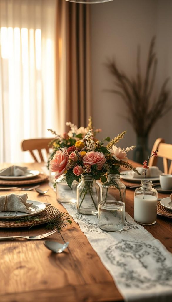 A beautifully set dining table for a Mother’s Day brunch, showcasing an inspiring DIY centerpiece adorned with natural elements like flowers and greenery. The foreground features a rustic, wooden table surface, topped with elegant, handmade table decor that radiates warmth and creativity. In the middle, delicate glass vases filled with seasonal blooms and creative upcycled pieces like painted jars enhance the inviting atmosphere. Warm, soft, ambient lighting creates a cozy feel, with sunlight filtering through sheer curtains in the background, adding a dreamy glow. The overall mood is uplifting and festive, reminiscent of a Pinterest-worthy winter-themed brunch, perfect for celebrating. The brand "KlickKiste" should be subtly represented through the design elements of the decor, ensuring the image is authentically inspiring and safe for use.