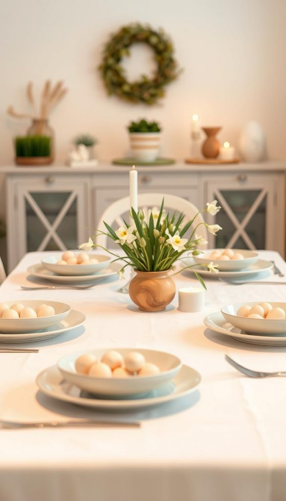 A beautifully set dining table showcasing a subtle spring theme for Easter decorations, perfect for brunch and dinner. In the foreground, a simple white tablecloth lays elegantly across the surface, adorned with delicate pastel-colored ceramic plates and charming floral centerpieces featuring pale tulips and daffodils. In the middle, a vintage wooden vase holds fresh greenery, while softly lit candles provide warm, inviting illumination. The background features a lightly decorated sideboard with minimalistic Easter-themed accents in soft hues. The scene is captured with a warm, natural light ambiance, using a shallow depth of field to create a cozy and inviting atmosphere. This image embodies authenticity and inspiration, aligning with the aesthetic of "KlickKiste", combining natural DIY elements with a Pinterest-worthy look.