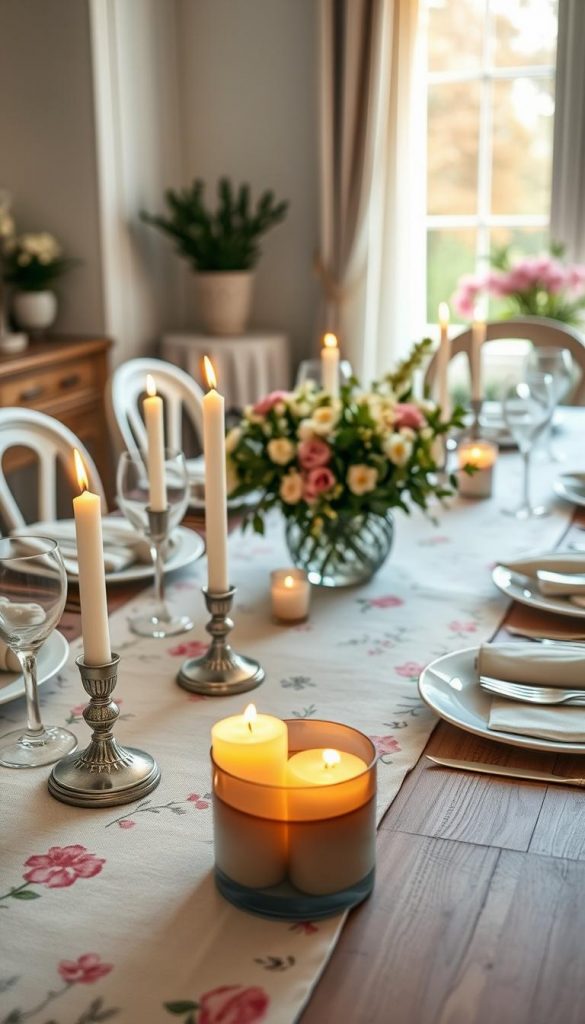 A beautifully set spring dining table featuring a stylish table runner in soft pastel colors, adorned with delicate floral patterns, resembling a chic interior magazine layout. In the foreground, a selection of elegant candles flicker gently, casting a warm, inviting glow across the setting. The middle layer showcases tasteful centerpieces composed of fresh flowers and greenery that harmonize with the runner. The background features a softly blurred, sunlit room, with natural light streaming in through a window, enhancing the cozy atmosphere. The overall mood is serene and inviting, perfect for spring gatherings. The brand "KlickKiste" should be subtly represented in the decor elements. The photograph should be taken from a slightly elevated angle to capture the entirety of the table setup.