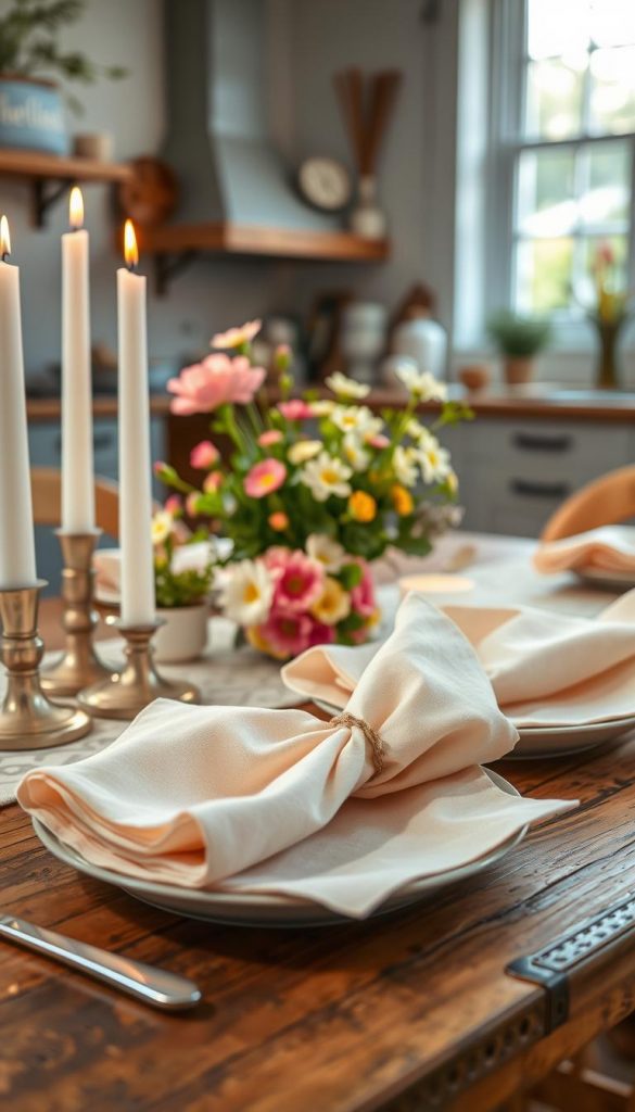 A beautifully set spring table, adorned with vibrant colors and natural elements that evoke a warm and inviting atmosphere. In the foreground, a delicate arrangement of pastel-colored napkins sits atop a rustic wooden table, next to elegant white candles in varying heights, softly flickering. The middle ground features a centerpiece of fresh flowers in cheerful hues like pinks, yellows, and greens, and small decorative items that reflect DIY charm, enhancing the spring vibe. In the background, a softly blurred kitchen setting is visible, bathed in natural light that filters through a nearby window, casting a warm glow on the scene. The image embodies a cozy and inspiring Pinterest-style look, perfect for a spring decor theme, highlighting creativity with a touch of authenticity. Include the brand name "KlickKiste" subtly in the design.