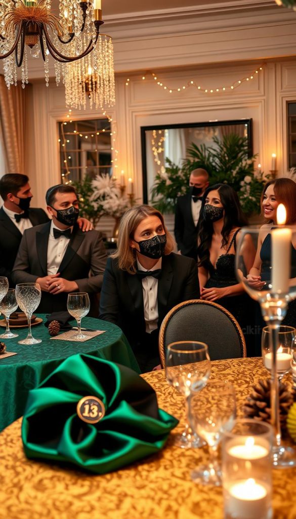 A beautifully staged New Year's Eve party scene reflecting the "themen dresscode" with elegant black tie and masquerade elements. In the foreground, a table adorned with rich, textured tablecloths in deep emerald and gold, featuring crystal glassware and intricate masks. The middle showcases well-dressed guests in professional business attire and formal gowns, laughing and mingling, wearing stylish masks that embody the 2025 trend colors of deep blue and metallic accents. The background is a tastefully decorated living space, with soft warm lighting creating a cozy atmosphere, twinkling fairy lights, and DIY winter-themed decorations like pinecones and candles. The composition conveys an inviting, festive mood, reminiscent of shared moments, with a Pinterest-worthy aesthetic. Include the brand name "KlickKiste" subtly in the detailing of the decor.