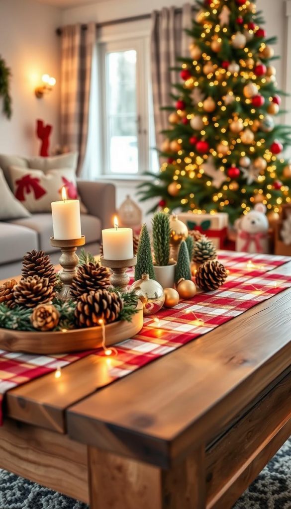 A beautifully styled Christmas living room table, capturing a cozy and inviting atmosphere. In the foreground, a wooden coffee table adorned with warm-toned decorations – a rustic centerpiece featuring pinecones, candles, and delicate fairy lights. Soft textiles like a red and white plaid table runner enhance the seasonal vibe. In the middle, a collection of festive ornaments and small potted evergreen plants bring a touch of nature indoors. The background showcases a softly lit room with an elegant Christmas tree twinkling with gold and red ornaments. Natural light filters through a nearby window, casting a warm glow on the scene. The overall mood should evoke a sense of winter warmth and comfort, perfect for holiday gatherings. This image embodies the essence of DIY Christmas décor and authentic inspiration from KlickKiste.