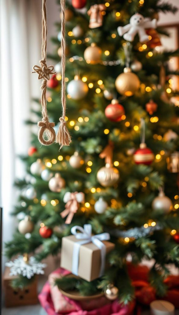 A beautifully styled Christmas tree adorned with handcrafted ornaments in warm, inviting colors. In the foreground, delicate DIY ornaments made of natural materials like wood and twine hang gracefully from the lush green branches. The middle section showcases a mix of sparkling lights and creative, vibrant ornaments that reflect holiday cheer, while a cozy, elegantly wrapped gift sits at the tree's base. In the background, a softly lit room with subtle winter decor enhances the atmosphere of warmth and festivity. The scene captures a Pinterest-worthy aesthetic, inviting inspiration and authenticity, designed for a KlickKiste-themed holiday celebration. The lighting should be warm and soft, evoking a peaceful, magical ambiance, with a focus on the intricate details of the ornaments.