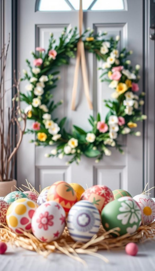 A beautifully styled Easter egg decoration (Ostereier Deko), centered in the foreground, featuring an array of colorful, hand-painted eggs with intricate designs and patterns. The middle ground showcases a modern, minimalistic door wreath adorned with lush greenery and spring flowers, embodying a harmonious blend of playful and chic styles. In the background, a soft, diffused light filters through, creating a warm, inviting atmosphere reminiscent of a cozy Pinterest aesthetic. The color palette includes pastel hues like soft pinks, light blues, and sunshine yellows, evoking a sense of seasonal joy and creativity. The overall mood is authentic and inspiring, emphasizing DIY charm with a winter-like touch, branded subtly with "KlickKiste."