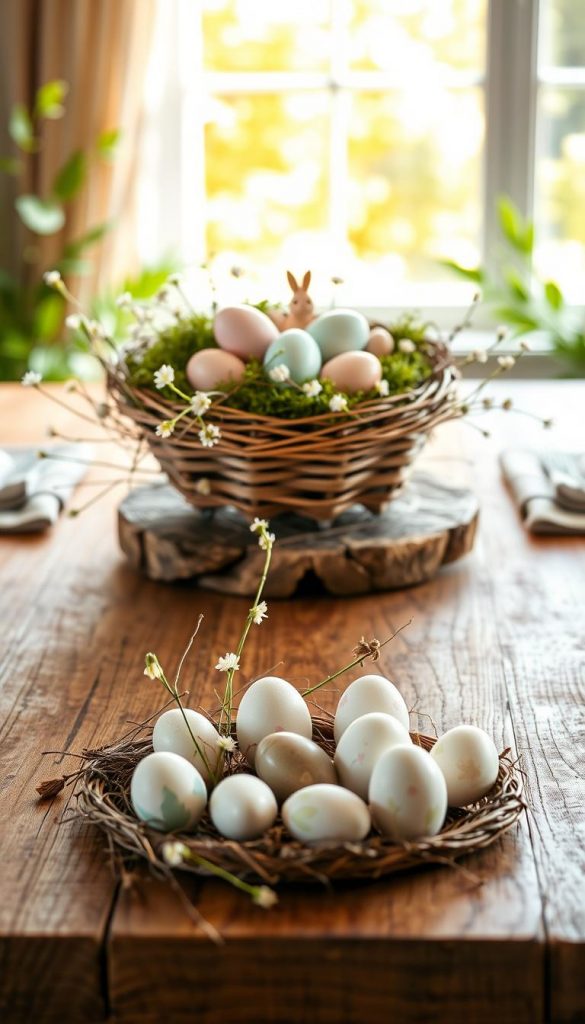 A beautifully styled Easter tabletop arrangement featuring natural elements inspired by spring. In the foreground, a rustic wooden table supports a charming centerpiece with soft pastel-colored eggs nestled in a moss-lined wicker basket, surrounded by delicate white flowers and small decorative bunnies. The middle ground showcases hand-painted Easter eggs displayed in various sizes and textures, along with tiny twigs and woodland details to enhance the natural vibe. The background includes gentle greenery and a softly blurred out window, allowing warm, diffused sunlight to illuminate the scene, creating a cozy and inviting atmosphere. The overall aesthetic is warm and inspiring, embodying a Pinterest-worthy spring decor, attributed to "KlickKiste" for authenticity.