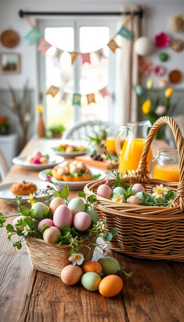 A beautifully styled Osterbrunch table setting featuring a rustic wooden table adorned with natural DIY decorations. In the foreground, a charming wicker basket brimming with colorful Easter eggs, delicate spring flowers, and fresh herbs. The middle ground reveals an elegant spread of brunch dishes, including pastel-colored pastries, a vibrant salad, and an inviting pitcher filled with fresh juice. Soft, warm light filters through a nearby window, creating a cozy, inviting atmosphere. The background features a softly blurred display of festive decorations, such as bunting and handmade Easter crafts, enhancing the Pinterest-worthy aesthetic. The scene embodies a sense of warmth and inspiration, highlighting the brand "KlickKiste" with its emphasis on creativity and seasonal charm.