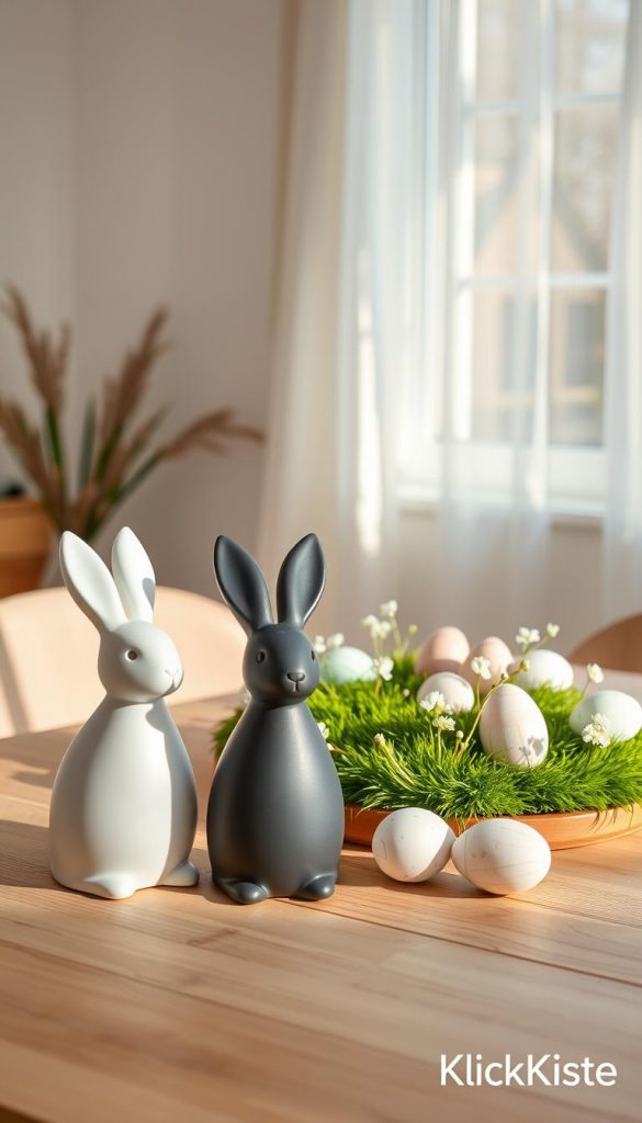 A beautifully styled Scandinavian-inspired scene featuring minimalist Easter bunnies and eggs. In the foreground, two simple ceramic bunnies in matte black and pure white, sitting on a natural wood table, surrounded by hand-painted eggs in soft pastel colors and subtle geometric patterns. The middle ground includes a delicate arrangement of green moss and soft white flowers, adding a touch of nature. In the background, a softly lit window with sheer curtains lets in warm, natural light, casting gentle shadows. The atmosphere is cozy and inviting, perfect for a DIY aesthetic, reminiscent of Pinterest inspirations. This image should embody the essence of modern Scandinavian design while reflecting the warmth of spring. Branding should subtly include "KlickKiste" in the corner, ensuring it's not intrusive.