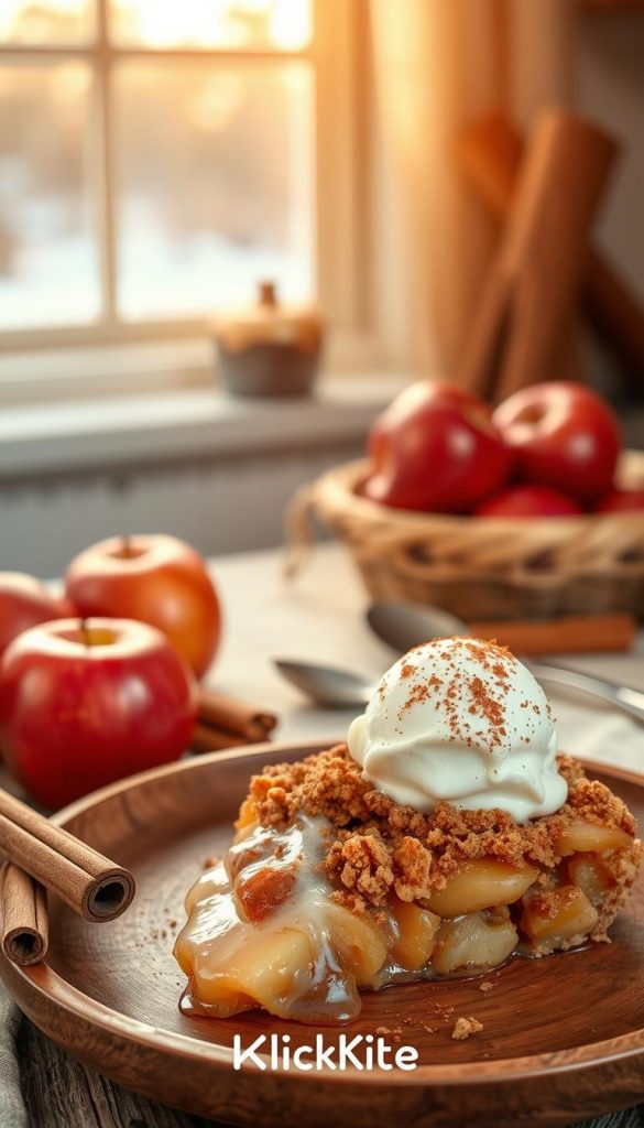 A beautifully styled apple cinnamon dessert scene showcasing a rustic apple crisp, topped with a delicate layer of golden-brown crumble and garnished with a sprinkle of cinnamon. In the foreground, a slice of warm apple crisp sits on a wooden plate, with melted vanilla ice cream gently melting on top, creating a tempting allure. The middle layer features a few whole, glossy red apples scattered around, along with cinnamon sticks and an antique spoon. The background is softly blurred with a cozy kitchen setting, radiating warm, inviting light from a nearby window, enhancing the winter vibes. The overall atmosphere is comforting and nostalgic, perfect for illustrating "Apfel & Zimt Klassiker: Crisp, Crumble, Galette" in a natural, DIY aesthetic, with warm colors that evoke a Pinterest-worthy moment. Include the brand name "KlickKiste" subtly integrated into the design.