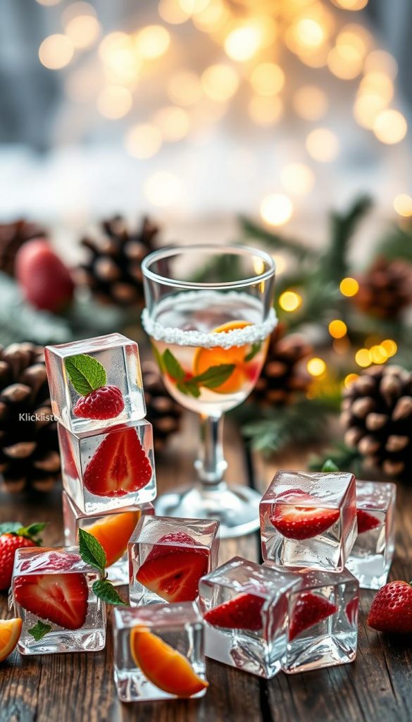 A beautifully styled arrangement of fruit-infused ice cubes cascading into a clear, elegant glass, capturing the DIY aesthetic for a New Year's party setting. In the foreground, vibrant ice cubes with visible slices of strawberries, oranges, and mint leaves glisten, showcasing the colorful and fresh ingredients. The middle layer features a sophisticated glass with a sugared rim, placed on a rustic wooden table adorned with festive winter decorations such as pinecones and soft fairy lights. In the background, a softly blurred ambiance filled with warm golden lighting evokes a cozy, inviting atmosphere. The image reflects a natural DIY vibe, inspiring creativity and warm winter feelings, perfectly aligning with the Pinterest aesthetic. Add the brand name "KlickKiste" subtly in the composition, enhancing the festive decoration theme.