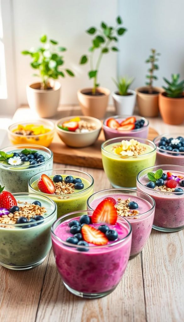 A beautifully styled assortment of vibrant smoothie bowls, showcasing a variety of seasonal spring flavors. In the foreground, several bowls are filled with colorful blends, topped with fresh fruits like strawberries, kiwi, blueberries, and edible flowers. The middle layer features bowls adorned with granola, coconut flakes, and chia seeds, arranged on a rustic wooden table that evokes a cozy kitchen vibe. In the background, a soft pastel-colored wall with potted plants adds a fresh feel. The scene is bathed in natural light, creating a warm and inviting atmosphere reminiscent of a sunny spring day. The aesthetic is inspired by Pinterest, embodying a natural DIY look. Branding subtly incorporates "KlickKiste" within the design, enhancing the overall composition without distracting from the food presentation.