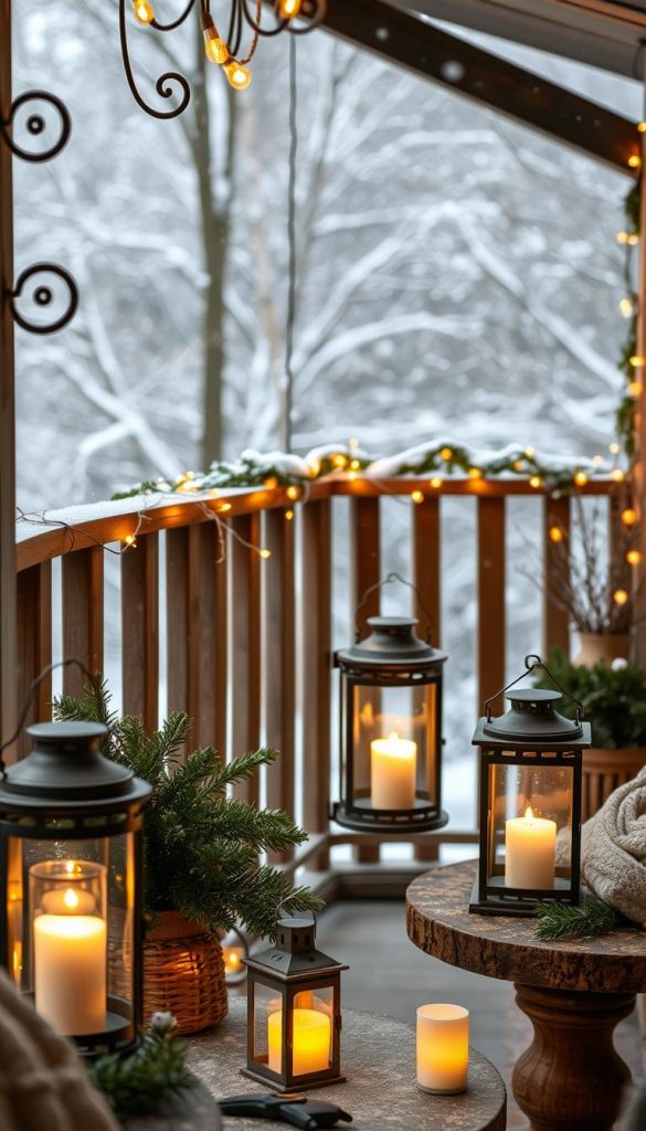 A beautifully styled balcony in a cozy living room makeover, featuring elegant lanterns of various sizes hanging from wrought iron hooks and perched on rustic wooden tables. The foreground showcases glowing lanterns emitting warm, inviting light, surrounded by soft winter textiles and greenery. In the middle ground, a charming wooden railing adorned with fairy lights complements the scene. The background captures a gentle snowfall, enhancing the winter vibe while softening the ambiance. The overall atmosphere is warm and inviting, evoking a Pinterest-inspired DIY aesthetic. Natural lighting creates a soft glow, emphasizing the textures of the lanterns and the cozy setting. Perfect for illustrating the warmth and elegance of outdoor spaces. Designed for "KlickKiste".