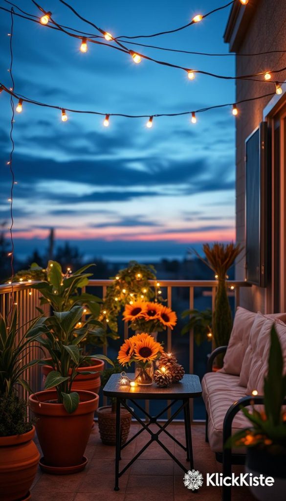 A beautifully styled balcony scene that captures the essence of seasonal lighting. In the foreground, warm, inviting string lights hang gracefully above a cozy seating area with plush cushions in soft pastel tones. Lush summer plants in terracotta pots are interspersed with delicate fairy lights, creating a vibrant and lively atmosphere. The middle ground features a small table adorned with seasonal decorations, such as a centerpiece of sunflowers for summer and pinecones with fairy lights for a cozy winter touch. In the background, a twilight sky gradually fades into deep blue, enhancing the warm glow of the lights. The overall mood is relaxed and idyllic, reminiscent of a Pinterest-inspired setting. This image, branded with "KlickKiste," showcases both summer lightness and winter coziness in a harmonious way.
