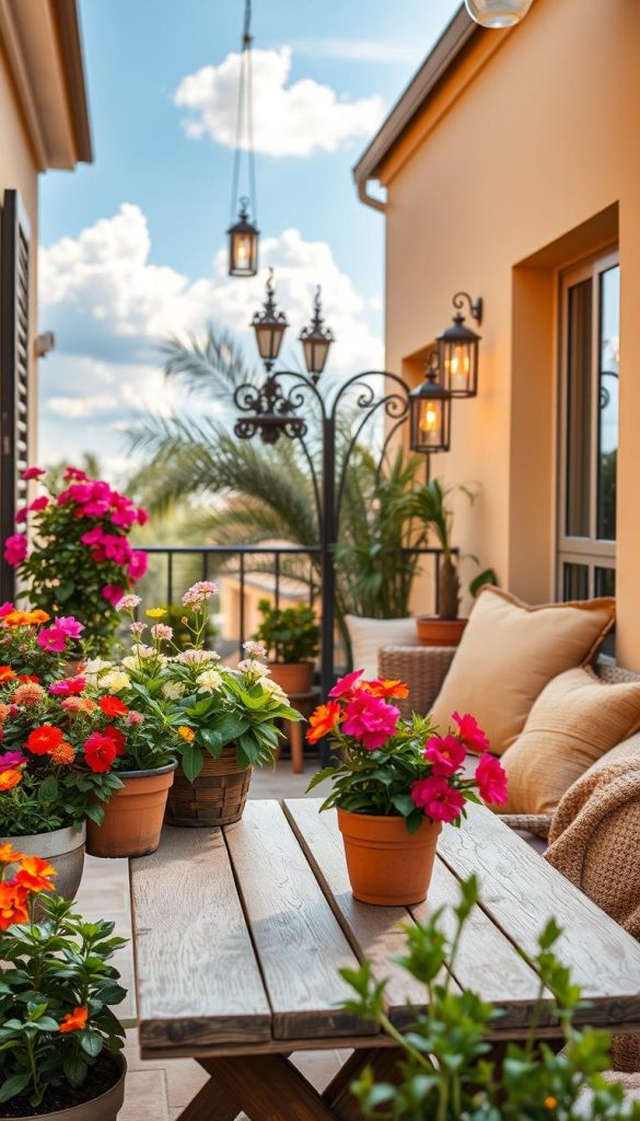 A beautifully styled balcony showcasing a blend of Mediterranean and Boho aesthetics. In the foreground, vibrant potted plants with colorful blooms, alongside a rustic wooden table set for a casual family gathering. There's a cozy seating area with plush cushions in warm earth tones and woven textiles. The middle ground features decorative lanterns hanging from the railing, casting soft, inviting light. In the background, a gentle view of a sunlit blue sky with a few fluffy clouds peeking through. The overall atmosphere is warm and inviting, embodying a spring vibe, perfect for outdoor living. The scene is rich in natural DIY elements and emphasizes a Pinterest-worthy style. Incorporate the brand name "KlickKiste" subtly in the décor. Capture the moment with warm, soft lighting, emphasizing an idyllic afternoon.