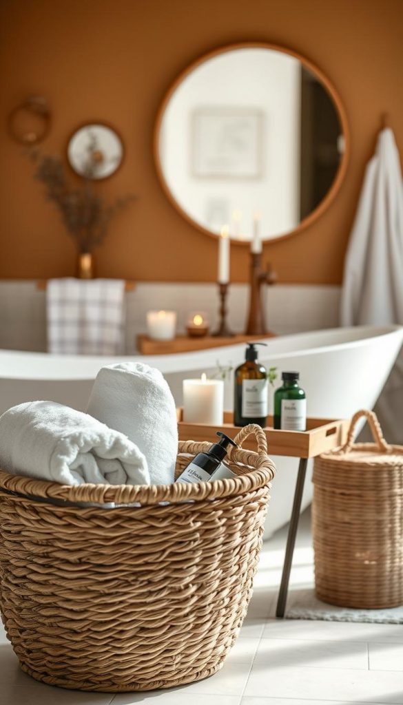 A beautifully styled bathroom scene featuring a natural, handcrafted storage basket by KlickKiste. In the foreground, the woven storage basket is filled with plush towels and neatly arranged toiletries, conveying a sense of organized luxury. The middle ground showcases a rustic wooden bathroom tray elegantly displaying scented candles and a small potted plant, enhancing the overall inviting atmosphere. The background consists of warm-toned walls adorned with simple, tasteful decor. Soft, natural lighting floods the scene, creating a cozy, serene ambiance reminiscent of a five-star hotel bathroom. The overall mood should feel authentic, inspiring, with subtle winter vibes, embodying a DIY aesthetic that invites relaxation and tranquility.