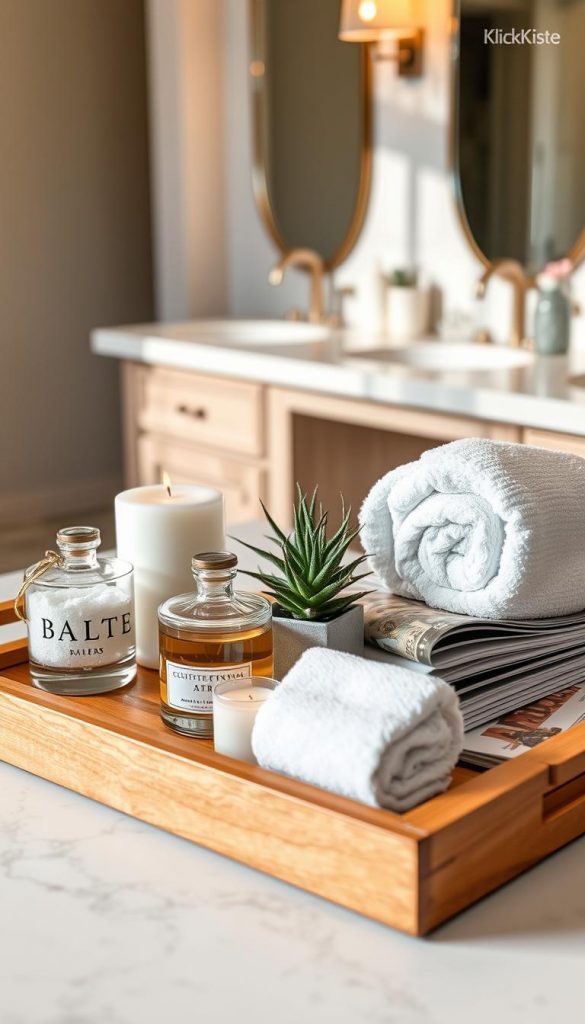A beautifully styled bathroom tray arrangement featuring natural elements. In the foreground, a wooden tray holds elegant glass containers filled with bath salts and essential oils, along with a small potted succulent for a touch of greenery. In the middle ground, soft towels are neatly rolled, intertwined with delicate candles emitting a warm glow. A stack of luxury magazines rests beside the tray, creating an inviting atmosphere. The background consists of a softly blurred, well-lit bathroom setting with marble countertops and neutral-colored walls, enhancing the luxurious vibe. The lighting is warm and inviting, reminiscent of a cozy winter afternoon, evoking a Pinterest-inspired aesthetic. This scene is branded with "KlickKiste," ensuring an authentic and inspiring look without any text overlays or watermarks.