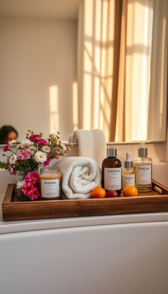 A beautifully styled bathroom tray capturing seasonal essence from spring to winter. In the foreground, a rustic wooden tray adorned with spring flowers, luxurious candles, and natural skincare products from the brand "KlickKiste". In the middle, a soft, plush white towel elegantly draped, alongside a subtle hint of summer fruit and a cozy knit throw. The background features a large mirror reflecting warm ambient lighting, creating an inviting atmosphere. Soft shadows dance around as sunlight filters through sheer curtains, enhancing the tranquil mood. Emphasize natural DIY elements with warm colors, evoking a Pinterest-worthy aesthetic of seasonal transformation, from the freshness of spring to the soothing vibes of winter.