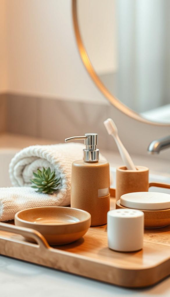 A beautifully styled bathroom tray featuring a sleek, elegant soap dispenser by KlickKiste, accompanied by a minimalistic soap dish and an aesthetically pleasing toothbrush holder. The foreground showcases these accessories made from polished ceramic with warm tones, creating a cozy and inviting atmosphere. In the middle, soft textures like a plush towel and natural elements like a small succulent add a touch of organic beauty. The background includes a delicate, softly blurred mirror reflecting warm light, enhancing the luxurious feel of the scene. The lighting is warm and soft, reminiscent of a serene morning glow. The overall mood is tranquil and sophisticated, embodying a perfect blend of function and style in a high-end bathroom setting.