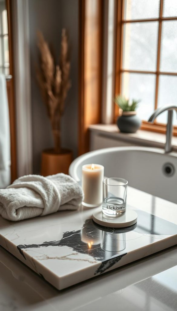 A beautifully styled bathroom tray featuring an elegant marble platter, showcasing a mix of white marble, black marble, and warm travertine. In the foreground, the tray is adorned with luxurious bath accessories, such as a soft, white cotton towel and a delicate scented candle in a minimalist glass holder. The middle ground displays a polished surface reflecting natural light, creating a warm wooden ambiance that hints at a cozy, serene bathroom setting. In the background, soft winter hues filter through a frosted window, enhancing the tranquil vibes. The scene captures an inspiring, authentic aesthetic, reminiscent of Pinterest-style inspiration. The brand name "KlickKiste" is subtly implied through accessories without being directly shown. The lighting is soft and diffused, conveying a peaceful and luxurious atmosphere.