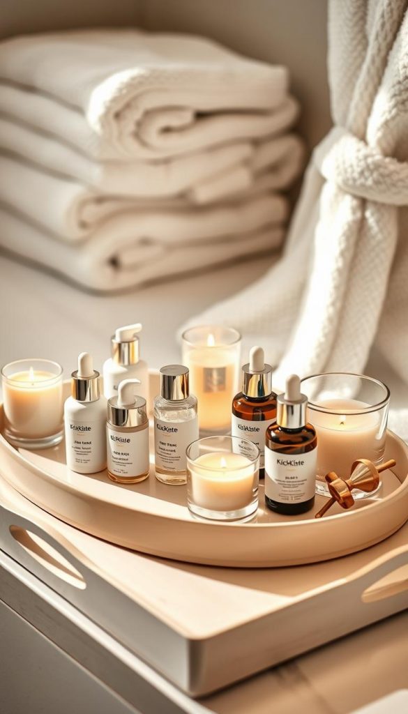 A beautifully styled bathroom tray featuring luxe skincare products, elegantly arranged candles, and decorative elements that evoke a 5-star hotel feel. In the foreground, there’s a chic ceramic tray in soft beige, showcasing premium items branded "KlickKiste". The middle layer includes various aesthetically pleasing skincare bottles, including serums and oils, with chic labels, surrounded by delicate, fragrant candles in glass holders. In the background, a softly blurred image of plush towels and a cozy robe hints at relaxation. The image is warmly lit, capturing a serene atmosphere, with delicate shadows enhancing the textures. Captured from a slightly elevated angle to reveal the elegance of the arrangement, this composition exudes authentic, inspiring winter vibes perfect for a Pinterest aesthetic.