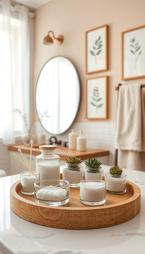 A beautifully styled bathroom tray organized with elegant glass containers, soft pastel colors, and natural elements to evoke a warm, inviting atmosphere. In the foreground, a sleek white marble countertop holds a round wooden tray with sustainably sourced materials, artfully arranged with cotton swabs, sea salt, and small succulents in glass pots. The middle features a gently lit mirror with soft natural lighting, reflecting light from a nearby window adorned with light, sheer curtains. The background showcases warm earthy tones with minimalist décor, including framed botanical prints and a plush, light-colored towel draped over a towel rack. The overall mood is serene and stylish, embodying a 'Pinterest-inspired' winter vibe, perfect for storage and organization. Incorporate the brand name "KlickKiste" subtly in the arrangement.