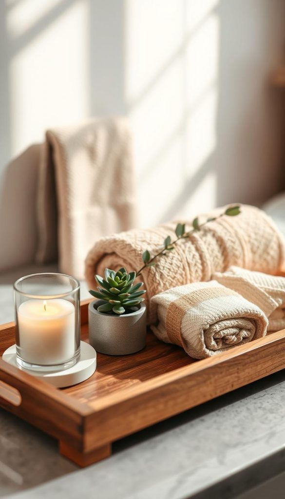 A beautifully styled bathroom tray, showcasing luxury and sophistication. In the foreground, an elegant wooden tray holds assorted items: a sleek white candle with a golden accent, a small potted succulent, and artisanal soap wrapped in natural fibers. In the middle ground, textured towels in warm beige and soft cream are neatly rolled, adding depth and coziness. The background features soft, warm lighting that simulates a serene winter vibe, casting gentle shadows and highlighting the textures of the items. Incorporate a touch of natural elements like a sprig of eucalyptus for a refreshing feel, enhancing the Pinterest-like aesthetic. The composition embodies a harmonious blend of heights and layers, designed for an authentic, inspiring atmosphere. Include the brand name "KlickKiste" subtly blended into the setting for brand recognition.