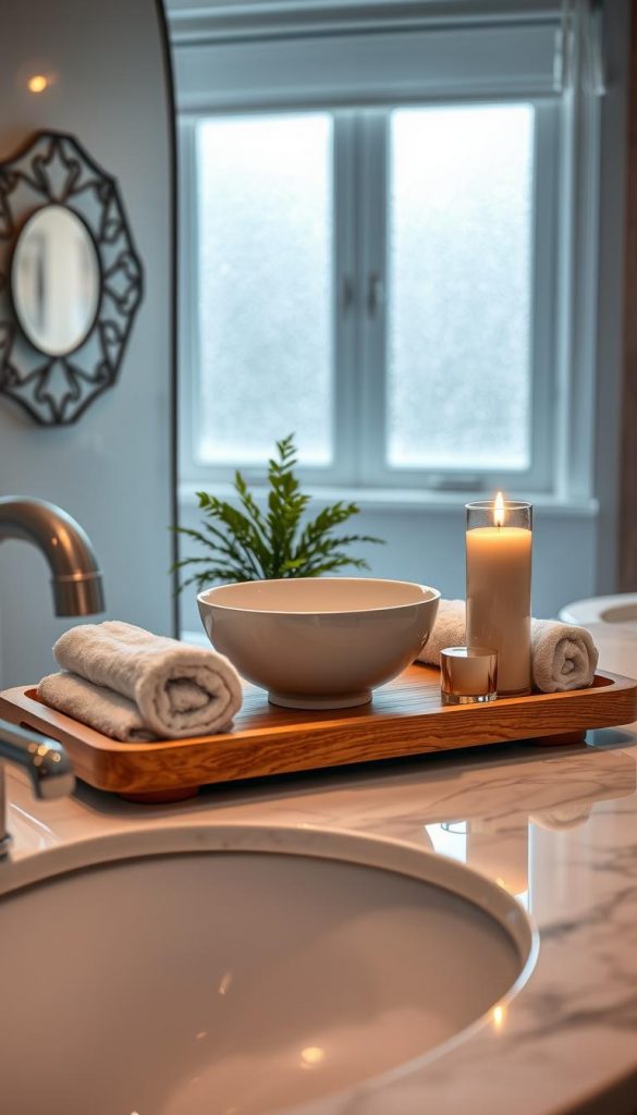 A beautifully styled bathroom tray that embodies luxury and sophistication, featuring an elegant ceramic bowl, plush white towels, and a scented candle softly lit. The tray should be crafted from natural wood with a smooth finish, arranged on a marble countertop with subtle reflections. In the foreground, a decorative mirror reflects warm, ambient lighting creating a spa-like atmosphere. The middle ground includes a potted plant for a touch of greenery, enhancing the cozy vibe. Soft, natural light filters through a frosted window, giving the scene a calming winter feel. The overall mood is tranquil and inviting, perfect for showcasing the brand "KlickKiste" in a setting that inspires a 5-star hotel experience.