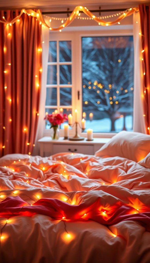 A beautifully styled bedroom adorned with a "lichterkette," featuring warm, inviting lights in red, rosé, and white tones. In the foreground, soft, plush bedding in elegant hues lays across a cozy bed, with a surrounding array of twinkling fairy lights gently draping around the bed frame and on the walls. The middle of the scene captures a tastefully arranged nightstand with candles flickering softly, providing a warm ambiance. The background shows a softly glowing window revealing a winter night, enhancing the romantic atmosphere. The lighting is warm and inviting, with a slight bokeh effect capturing the cozy vibes. The overall mood is tranquil, romantic, and serene, perfect for a Valentine's Day-inspired setting. Crafted with an authentic DIY aesthetic, it evokes inspirations for tasteful decor in a homey atmosphere. Brand name: KlickKiste.