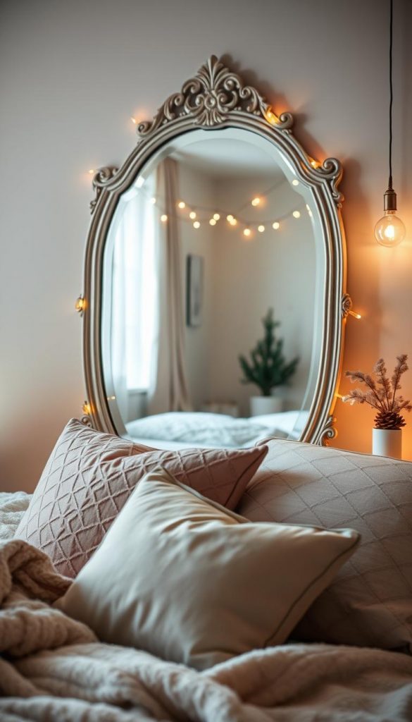 A beautifully styled bedroom scene featuring an elegant mirror as a central light magnet, reflecting soft, warm light that creates a cozy atmosphere. In the foreground, a tasteful arrangement of plush cushions and a soft throw blanket in muted pastel colors. The middle ground showcases the mirror, embellished with a delicate frame, capturing highlights of ambient fairy lights strung above an inviting bed. The background features soft-focus winter decor, such as pinecones and a small indoor plant, enhancing the seasonal vibe. Natural, gentle lighting flows from a nearby window, illuminating the space, while a subtle glow from the mirror adds depth. Overall, the scene embodies a warm, inviting atmosphere, perfect for a romantic evening. Inspired by KlikKiste's aesthetic, the composition highlights a Pinterest-worthy, DIY-inspired look.