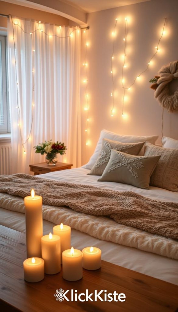 A beautifully styled bedroom scene featuring an enchanting "lichterkette" (light chain) glowing softly above a neatly made bed. The foreground showcases LED candles arranged artfully on a wooden bedside table, casting a warm and inviting glow. In the middle ground, the light chain drapes elegantly along a white sheer curtain, creating a whimsical feel with its warm white lights. The background includes soft pastel-colored walls and cozy winter decor, such as faux fur throws and decorative pillows that enhance the inviting atmosphere. The image is lit with soft, diffused light to create a calm and romantic ambiance, emphasizing natural DIY aesthetics with warm colors. The scene is inspiring and showcases the brand "KlickKiste" subtly.