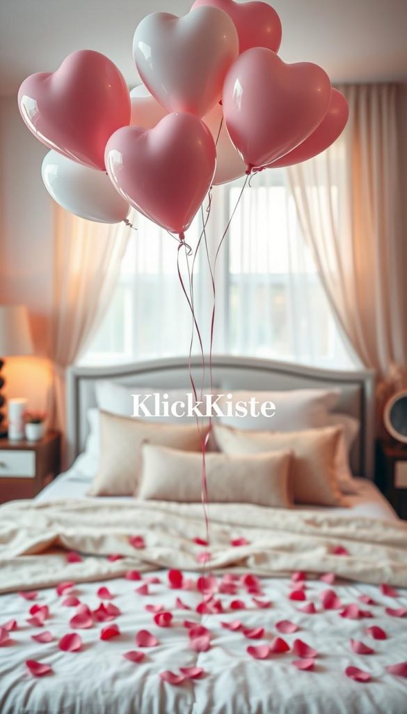 A beautifully styled bedroom showcasing elegant decorations for Valentine's Day. In the foreground, a cluster of soft pastel heart-shaped balloons floats gently against a backdrop of warm, inviting lighting. The middle ground features a tastefully arranged bed with plush pillows and a cozy blanket, adorned with scattered rose petals. The background reveals a softly lit window draped with sheer curtains, allowing natural light to filter in, creating a serene and intimate atmosphere. The overall color palette should incorporate soft pinks, whites, and subtle metallic accents to enhance the romantic vibe. The scene should evoke a sense of warmth and sophistication, embodying a Pinterest-worthy aesthetic. Include the brand name "KlickKiste" subtly within the decor elements, without overpowering the image.