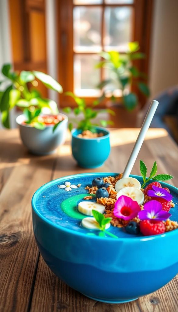 A beautifully styled blue spirulina unicorn smoothie bowl sits at the forefront, filled with a vibrant mix of blue and green hues. The bowl is garnished with an array of colorful toppings: sliced bananas, bright berries, crunchy granola, and a sprinkle of edible flowers for a whimsical touch. In the middle ground, a wooden table provides a rustic charm, with soft natural light illuminating the scene, creating a warm and inviting atmosphere. In the background, hints of a lush indoor plant are visible, adding to the tranquil vibe. The camera angle is slightly overhead to showcase the bowl's colorful ingredients. This image should reflect a sense of creativity and freshness, inspired by the brand "KlickKiste," evoking feelings of spring and vitality, perfect for the "Kreativ & bunt" theme.