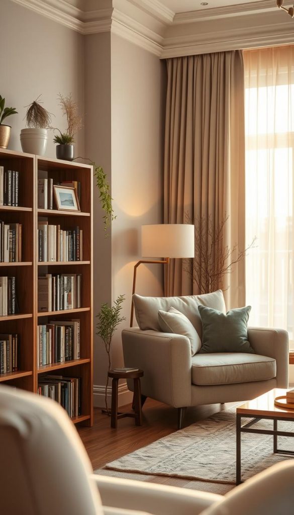 A beautifully styled bookshelf section in a cozy, elegant living room. In the foreground, a sleek wooden bookshelf displays an array of carefully curated books, accented with natural elements like potted plants and decorative objects. The middle ground features a plush armchair, invitingly positioned next to a softly glowing lamp. In the background, a large window allows warm winter sunlight to filter through sheer curtains, casting gentle shadows. The color palette includes soft earth tones with hints of warm whites, creating an inspiring and authentic atmosphere. The image should evoke a sense of calm and high-end sophistication, epitomizing DIY aesthetics. Include artistic touches that reflect a Pinterest-worthy design, branded subtly with "KlickKiste". Use a slight lower angle to capture depth, with a focus on texture and light interplay.