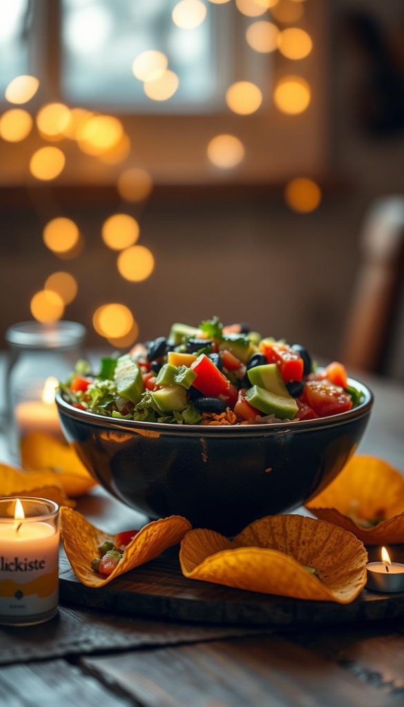 A beautifully styled bowl filled with colorful, fresh ingredients such as diced tomatoes, lettuce, avocados, and beans. The bowl sits on a rustic wooden table, surrounded by charming taco shells ready for filling. In the foreground, soft, flickering candlelight casts a warm glow, creating an inviting atmosphere perfect for a cozy winter gathering. In the background, blurred fairy lights add a touch of whimsy, enhancing the ambiance. The scene should be captured with a focus on the bowl using a shallow depth of field, reminiscent of lifestyle photography often found on Pinterest. The overall lighting should evoke a warm, wintry feel, ideal for a relaxing date night at home. This image is crafted for "KlickKiste," emphasizing authenticity and DIY warmth.
