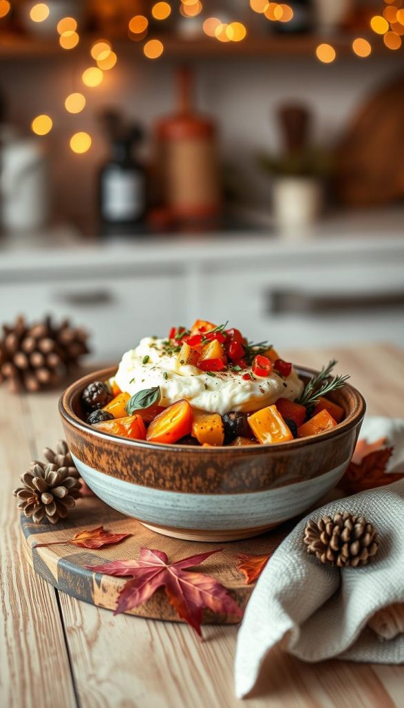 A beautifully styled bowl of comforting winter food, featuring layers of vibrant ingredients like roasted vegetables, creamy mashed potatoes, and colorful garnishes. The bowl is handcrafted with a rustic finish, nestled on a wooden serving board adorned with autumn leaves and pinecones for a seasonal touch. Soft, warm lighting bathes the scene, creating an inviting atmosphere, while a softly blurred background includes a cozy kitchen setting with twinkling fairy lights. The composition is shot from a slightly elevated angle, allowing a clear view of the bowl’s contents while maintaining the warmth and charm of the setting. The overall mood conveys a sense of warmth and comfort, perfect for winter dining, reminiscent of the DIY aesthetic inspired by &quot;KlickKiste&quot;.