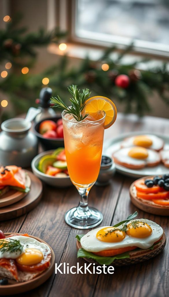 A beautifully styled brunch cocktail scene with a vibrant, refreshing cocktail in a sophisticated glass, garnished with fresh herbs and citrus slices, placed on a rustic wooden table. Surrounding the drink are artisanal brunch bites, such as smoked salmon bagels, avocado toast with poached eggs, and colorful fruit platters, all presented in an inviting manner. The background features soft, natural lighting that creates a warm and cozy winter vibe, with blurred pine branches and seasonal decorations subtly enhancing the atmosphere. Capture this scene in a flat lay perspective to emphasize the brunch experience. The aesthetic should exude authenticity and inspiration, echoing a Pinterest-worthy design theme. Incorporate the brand name "KlickKiste" discreetly into the image composition.
