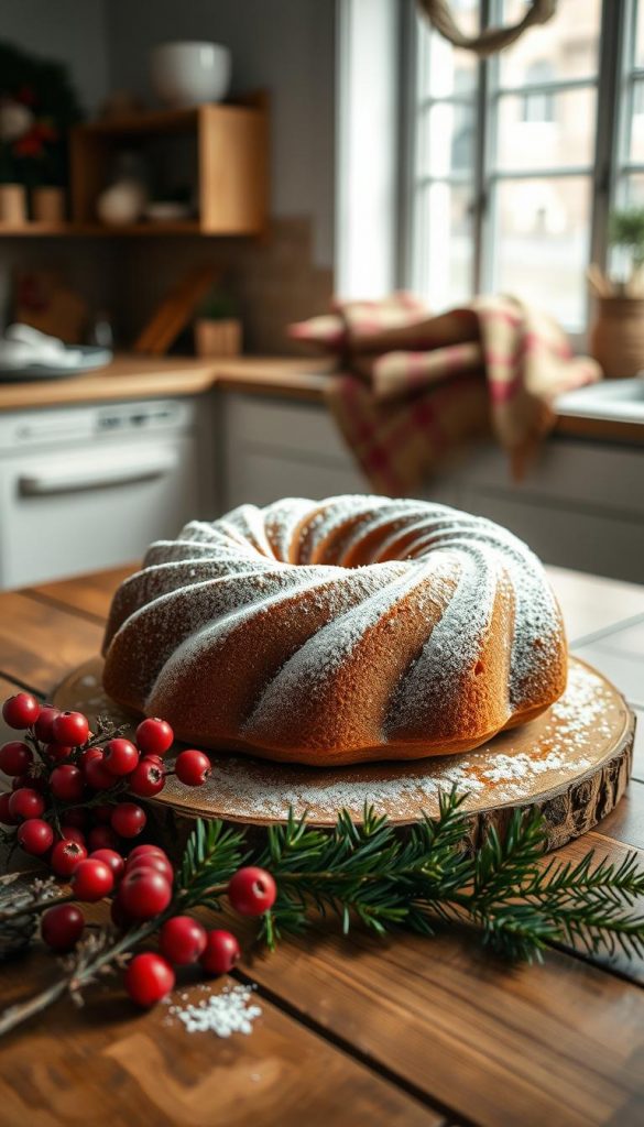 A beautifully styled bundt loaf cake sits elegantly on a rustic wooden table, showcasing its intricate swirl design and a light dusting of powdered sugar. In the foreground, fresh winter berries and a sprig of evergreen add natural decoration, bringing warmth and seasonal charm. The cake is illuminated by soft, diffused natural light from a nearby window, creating inviting shadows that enhance its texture. In the background, a cozy kitchen with hints of winter decor, such as warm blankets and cinnamon sticks, evokes a festive atmosphere. The overall color palette features warm, inviting tones that resonate with a winter baking theme, inspiring creativity and comfort. Captured with a shallow depth of field, this scene combines authenticity and inspiration, reflecting the essence of "KlickKiste".