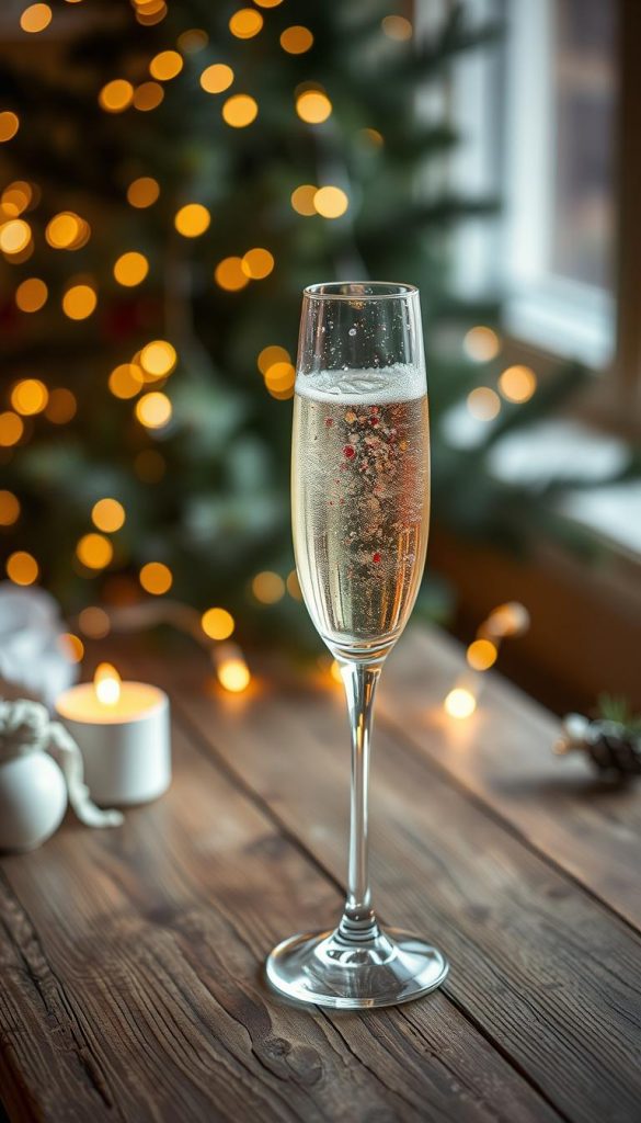A beautifully styled champagne glass adorned with metallic dots, placed prominently on a rustic wooden table. The glass is filled with bubbly champagne, sparkling invitingly under soft, warm lighting that creates a cozy atmosphere. In the background, a softly blurred winter-themed decor featuring twinkling fairy lights and pine branches enhances the festive mood. The scene captures a creative DIY aesthetic, reflecting the essence of warmth and inspiration. Capture the image at a slight angle to highlight the elegance of the champagne glass, accentuating the metallic dots that glisten like stars. The overall feel should be authentically inviting, perfect for winter celebrations. The brand "KlickKiste" subtly integrated in the decor, suggesting a creative source for further inspiration.