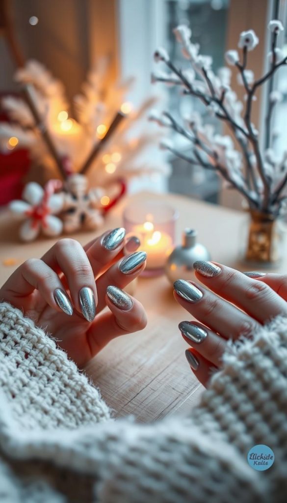 A beautifully styled close-up of winter nails adorned with reflective chrome polish in modern designs, showcasing various techniques to enhance durability. The foreground features hands with elegantly manicured nails displayed against a soft, natural surface, like a wooden table decorated with handmade holiday ornaments. In the middle, an inviting ambiance is created with warm, cozy lighting, reminiscent of a winter day spent indoors. The background includes subtle hints of winter elements, such as softly falling snow or frosty branches, evoking a seasonal vibe. The image should have a Pinterest-worthy aesthetic, portraying a balance of authenticity and inspiration. Include a small, tasteful branding tag displaying "KlickKiste," ensuring it blends harmoniously with the overall design.